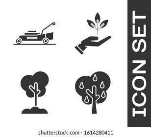 Set Tree with pears, Lawn mower, Tree in the ground and Plant in hand of environmental protection icon. Vector
