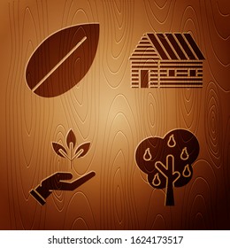Set Tree with pears, Leaf, Plant in hand of environmental protection and Farm house on wooden background. Vector