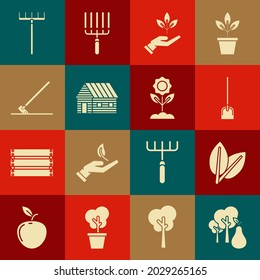 Set Tree with pears, Leafs, Shovel, Plant in hand of environmental protection, Farm house, Garden rake work,  and Flower icon. Vector