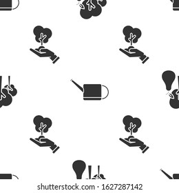 Set Tree with pears, Watering can and Tree in hand of environmental protection on seamless pattern. Vector