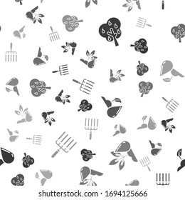 Set Tree with pears, Watering plant, Watering sprout and Garden rake in work on seamless pattern. Vector