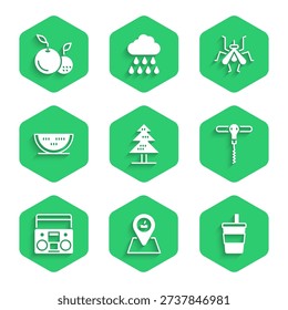Set Tree, Picnic location, Paper glass with water, Wine corkscrew, Home stereo two speakers, Watermelon, Mosquito and Fruit icon. Vector
