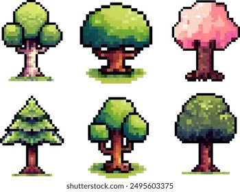 Set of tree pixel art. Forest elements logo collection. 8-bit. Game development, mobile app. Isolated vector illustration.