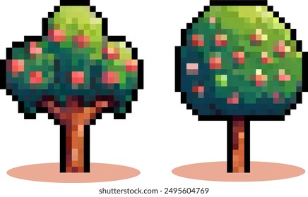 Conjunto de arte de píxeles de árbol. colección de logotipo de Elementos forestales. 8 bits. Desarrollo de juegos, App móvil. Ilustración vectorial aislada.