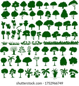 Set of tree and plant in green silhouette illustration