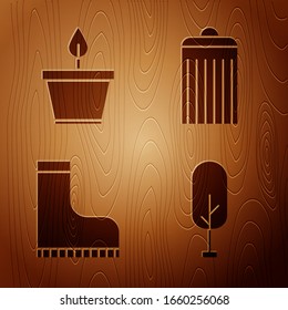 Set Tree, Plant in pot, Waterproof rubber boot and Trash can on wooden background. Vector