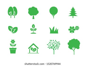 Set of tree and plat vector illustration with green color suitable for icon 