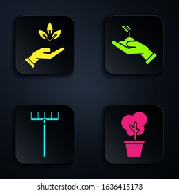 Set Tree in pot, Plant in hand of environmental protection, Garden rake and Sprout in hand of environmental protection. Black square button. Vector
