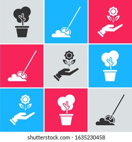 Set Tree in pot, Shovel in the ground and Hand holding flower icon. Vector