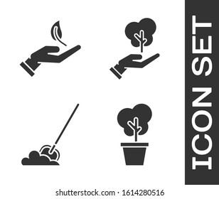 Set Tree in pot, Sprout in hand of environmental protection, Shovel in the ground and Tree in hand of environmental protection icon. Vector