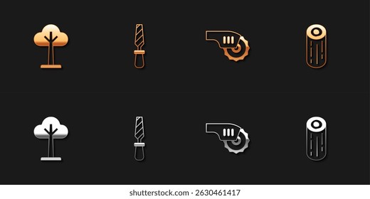 Set Tree, Rasp metal file, Electric circular saw and Wooden logs icon. Vector