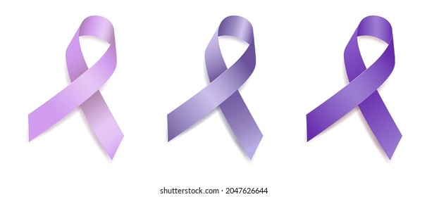 Set of tree ribbon awareness purple, lavender, periwinkle blue. Esophageal, Gastric, Stomach, General cancer, Alzheimer’s Disease, Cystic Fibrosis, Domestic Violence. Isolated on white background.