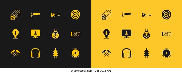 Set Tree rings, Headphones, Grapple crane grabbed log, Location of the forest, Hand saw, Wooden beam and  icon. Vector
