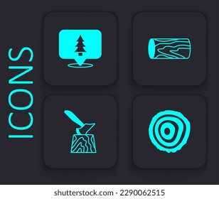 Set Tree rings, Location of the forest, Wooden log and axe stump icon. Black square button. Vector