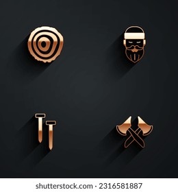 Fijar anillos de árbol, Lumberjack, uñas metálicas y icono de cera de madera con sombra larga. Vector