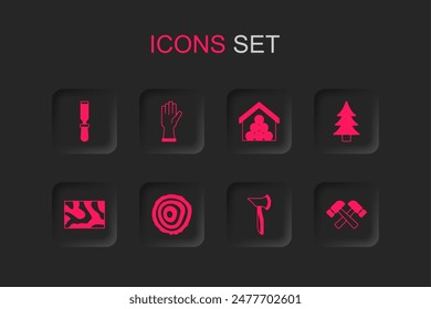 Set Tree rings, Protective gloves, Chisel tool, Wooden axe, Crossed hammer, logs and beam icon. Vector