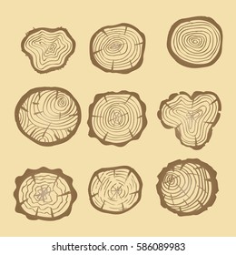 Set tree rings saw cut tree trunk background.