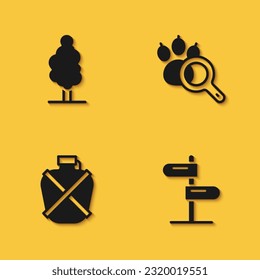 Set Tree, Road traffic sign, Canteen water bottle and Paw search icon with long shadow. Vector