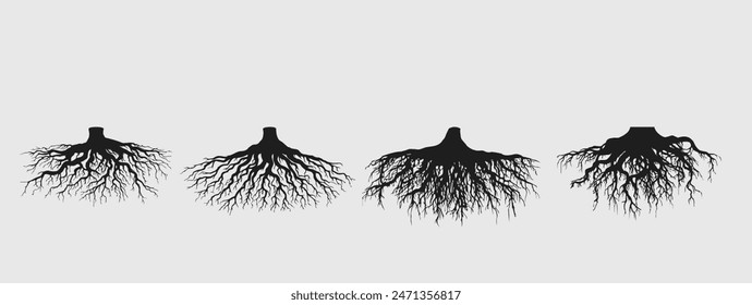 set of tree root silhouettes in vector