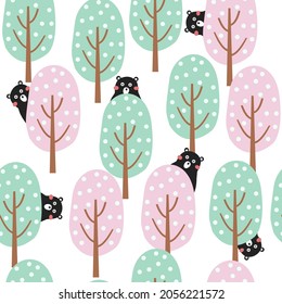 set of tree Seamless patterns of colored forest animals, Brown bear. Background wallpaper for printing. Children's cartoon characters.