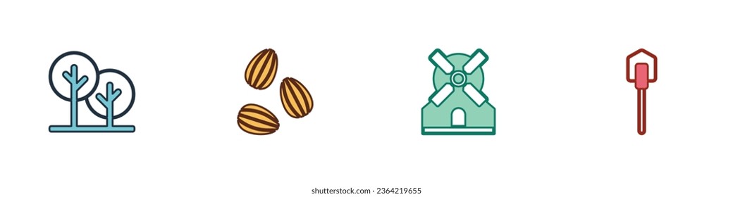 Set Tree, Seeds, Windmill and Shovel icon. Vector