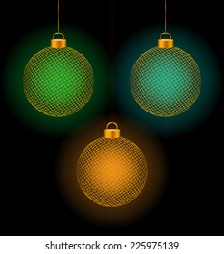 Set of tree self-illuminated multicolored netting Christmas balls on black background