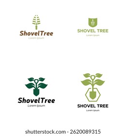 Conjunto de árvore pá logotipo projeto, ícone da pá do jardim isolado no fundo branco.