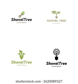 Conjunto de árvore pá logotipo projeto, ícone da pá do jardim isolado no fundo branco.