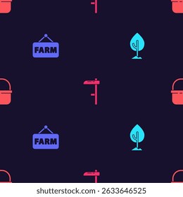 Set Tree, Signboard with text Farm, Scythe and Basket on seamless pattern. Vector