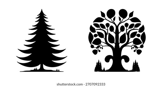 Set tree silhouette illustrations isolated on a white background