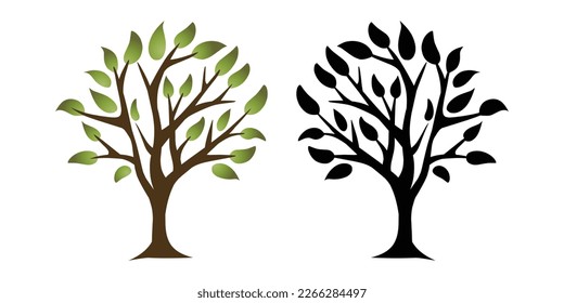 set of tree silhouette vector isolated on white. nature, plant, garden, park, forest, tree, branch, leaf, leaves, roots, green, yellow, black, vector illustration