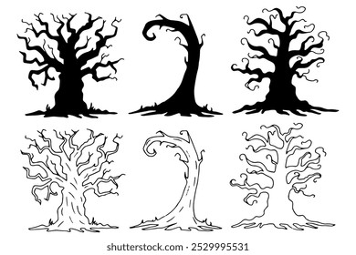 Set of tree silhouettes. Black outline illustration of a crooked, gnarled plant for Halloween. Hand drawn graphic clip art. Simple Doodle style. Nature element for decor and party invitation design.