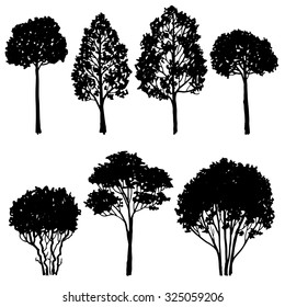 set of tree silhouettes, deciduous trees and bushes, hand drawn vector design elements