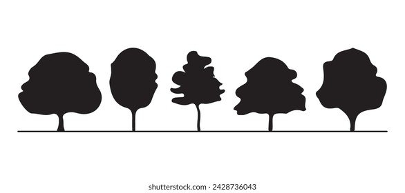 Set of tree silhouettes of different types and shapes isolated on white background. Illustration.