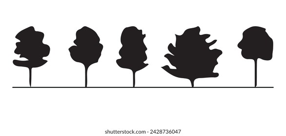 Set of tree silhouettes of different types and shapes isolated on white background. Illustration.
