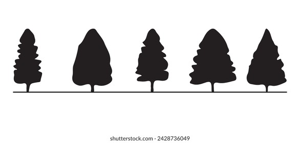 Set of tree silhouettes of different types and shapes isolated on white background. Illustration.