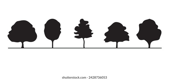 Set of tree silhouettes of different types and shapes isolated on white background. Illustration.
