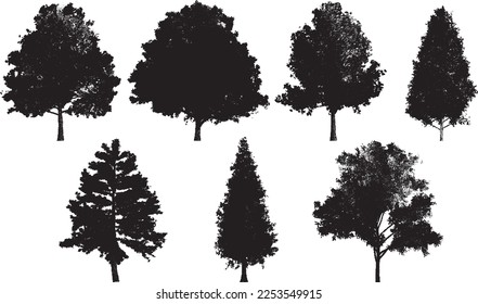 Set of tree silhouettes in dotwork style. For the forest or park background. Cedar, oak, robinia, maple black silhouettes.