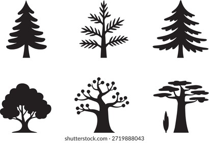 Conjunto de silhuetas de árvores, isoladas em um fundo branco, perfeito para projetos de design de natureza, floresta, paisagem e eco-friendly.