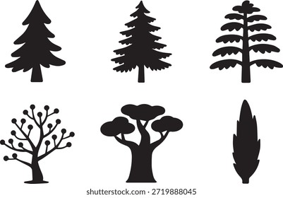 Set of tree silhouettes, isolated on a white background, perfect for nature, forest, landscape, and eco-friendly design projects.