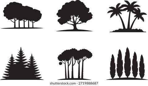 Conjunto de silhuetas de árvores, isoladas em um fundo branco, perfeito para projetos de design de natureza, floresta, paisagem e eco-friendly.