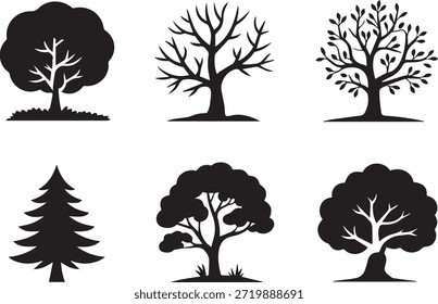 Conjunto de siluetas de árboles, aislados sobre un fondo blanco, perfecto para la naturaleza, el bosque, el paisaje y proyectos de diseño ecológico.
