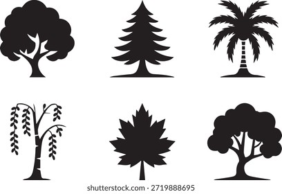 Satz von Baumsilhouetten, einzeln auf weißem Hintergrund, perfekt für Natur, Wald, Landschaft und umweltfreundliche Designprojekte.