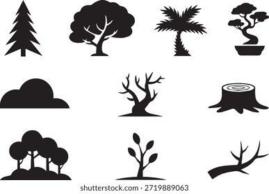Conjunto de siluetas de árboles, aislados sobre un fondo blanco, perfecto para la naturaleza, el bosque, el paisaje y proyectos de diseño ecológico.
