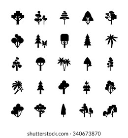 Set of tree silhouettes isolated on white background include deciduous spruce palm bush flat vector illustration