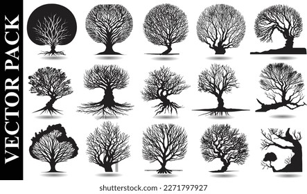 set of tree silhouettes on white background Vector illustration. pack of black trees isolated