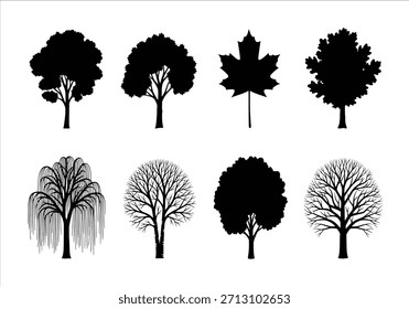 set of tree silhouettes showing various types and seasons