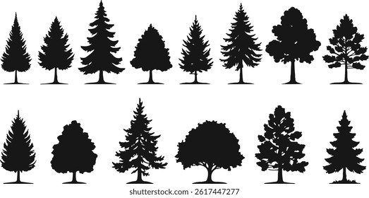 Set of tree silhouettes in various shapes and types, isolated on white background, vector illustration design