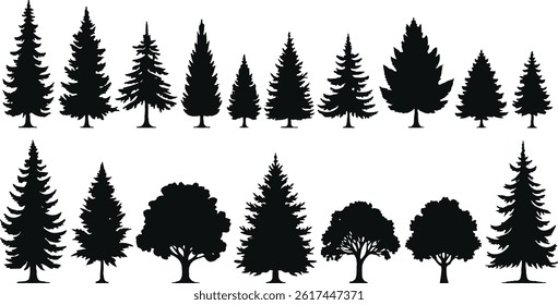 Set of tree silhouettes in various shapes and types, isolated on white background, vector illustration design.