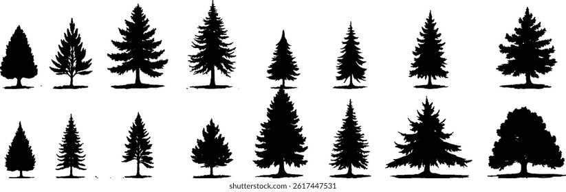 Set of tree silhouettes in various shapes and types, isolated on a white background vector illustration design.